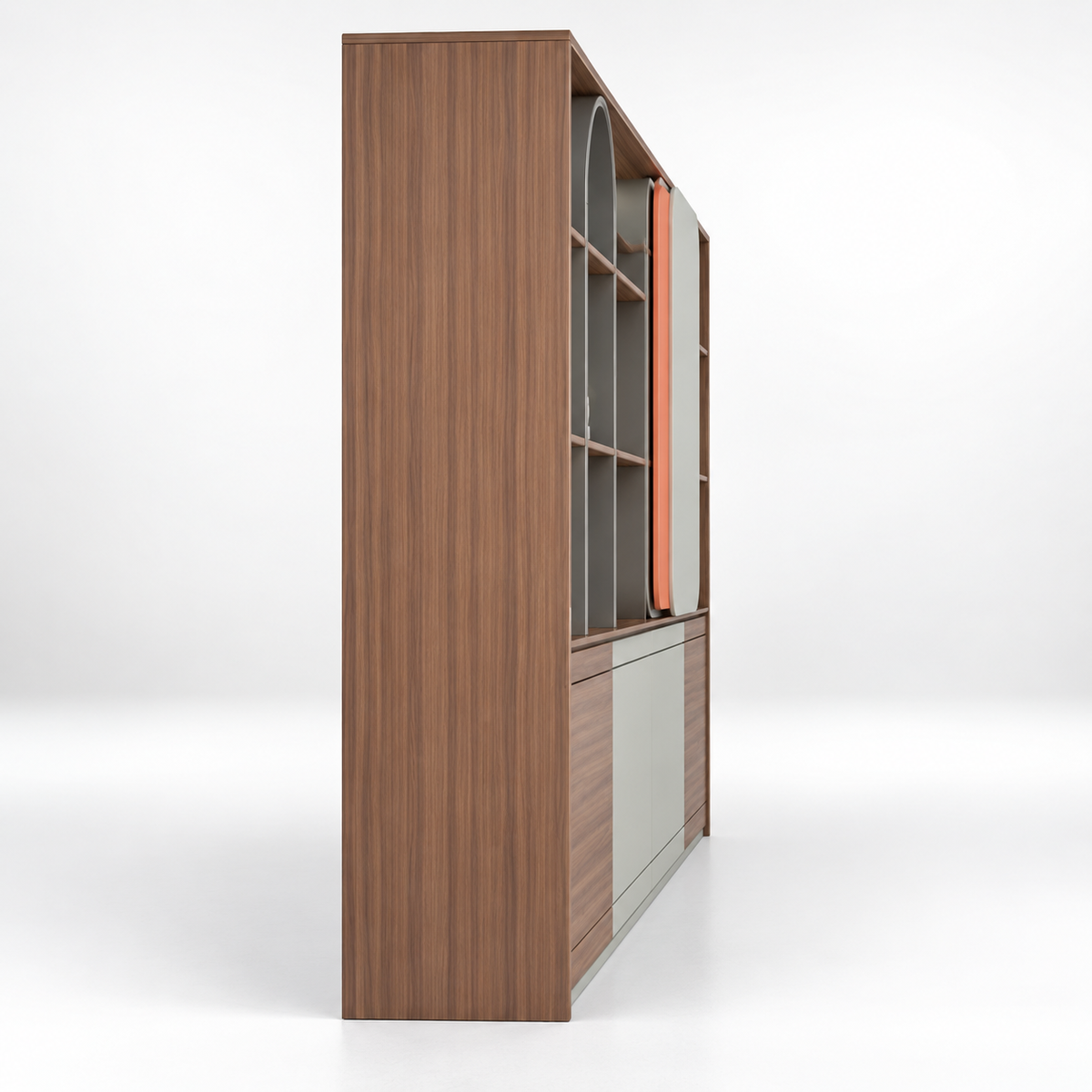 Designer Office Back Unit with Illuminated Display Niches, Arched Shelving and Layered Concealed Cabinet Storage