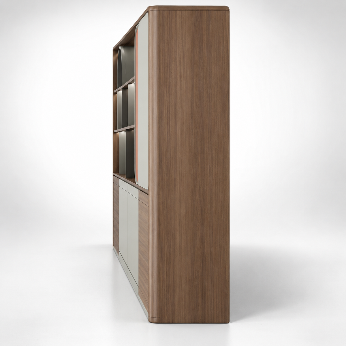 Designer Office Back Unit with Illuminated Display Niches, Arched Shelving and Layered Concealed Cabinet Storage