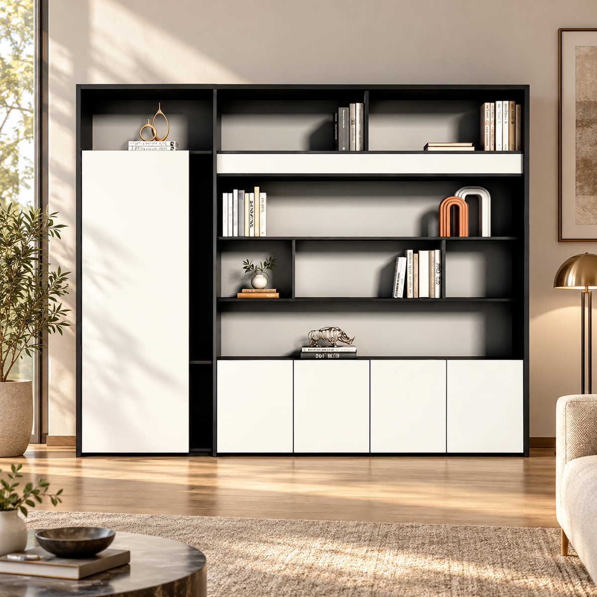 Contemporary Office Storage Cabinet with Open Display Shelves, Tall Side Storage, Concealed Base Cabinets and Clean Modern Appeal