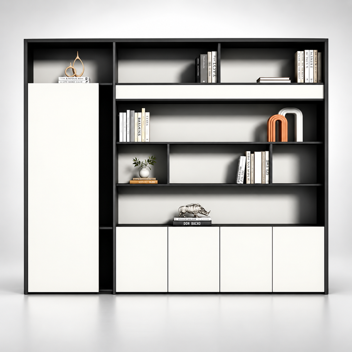 Contemporary Office Storage Cabinet with Open Display Shelves, Tall Side Storage, Concealed Base Cabinets and Clean Modern Appeal