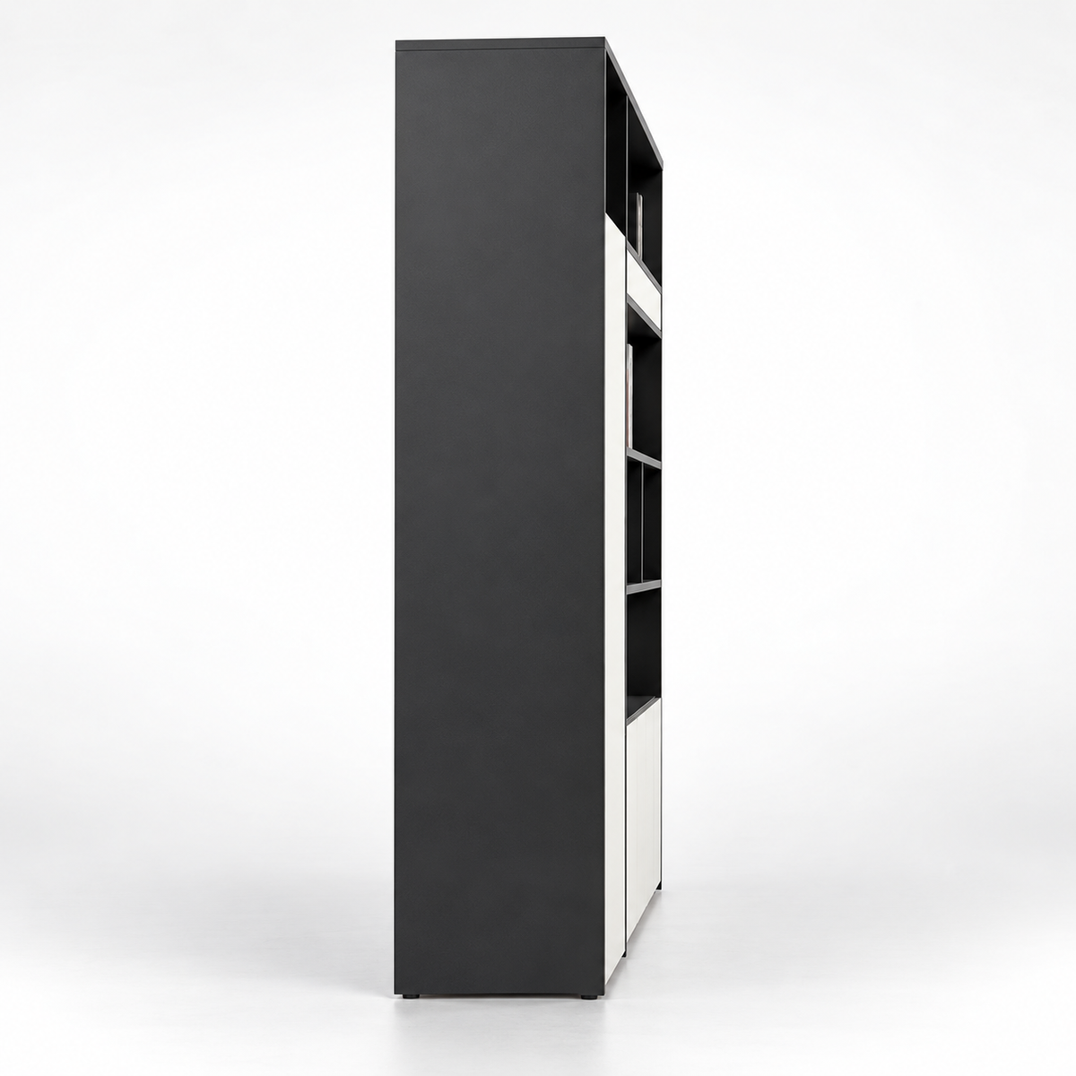 Contemporary Office Storage Cabinet with Open Display Shelves, Tall Side Storage, Concealed Base Cabinets and Clean Modern Appeal
