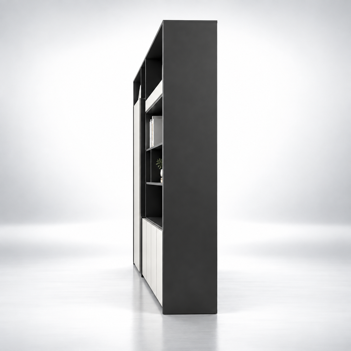 Contemporary Office Storage Cabinet with Open Display Shelves, Tall Side Storage, Concealed Base Cabinets and Clean Modern Appeal