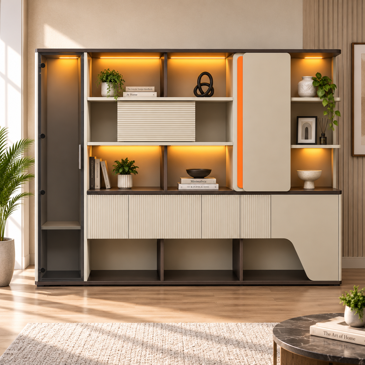 Contemporary Office Back Unit with Ambient Display Shelves, Floating Feature Panels and Concealed Utility Storage