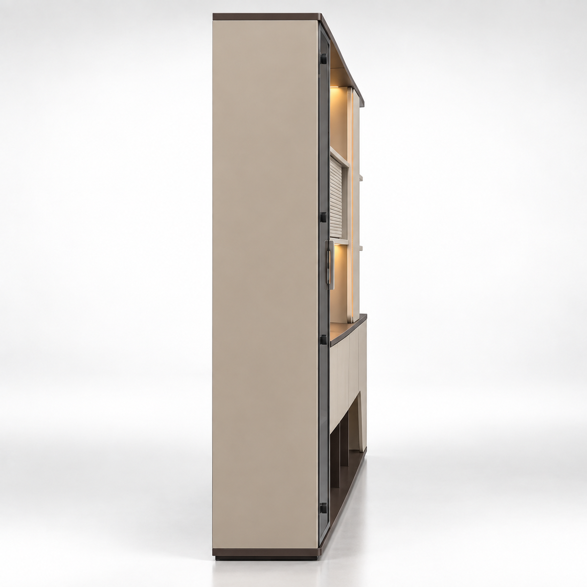 Contemporary Office Back Unit with Ambient Display Shelves, Floating Feature Panels and Concealed Utility Storage