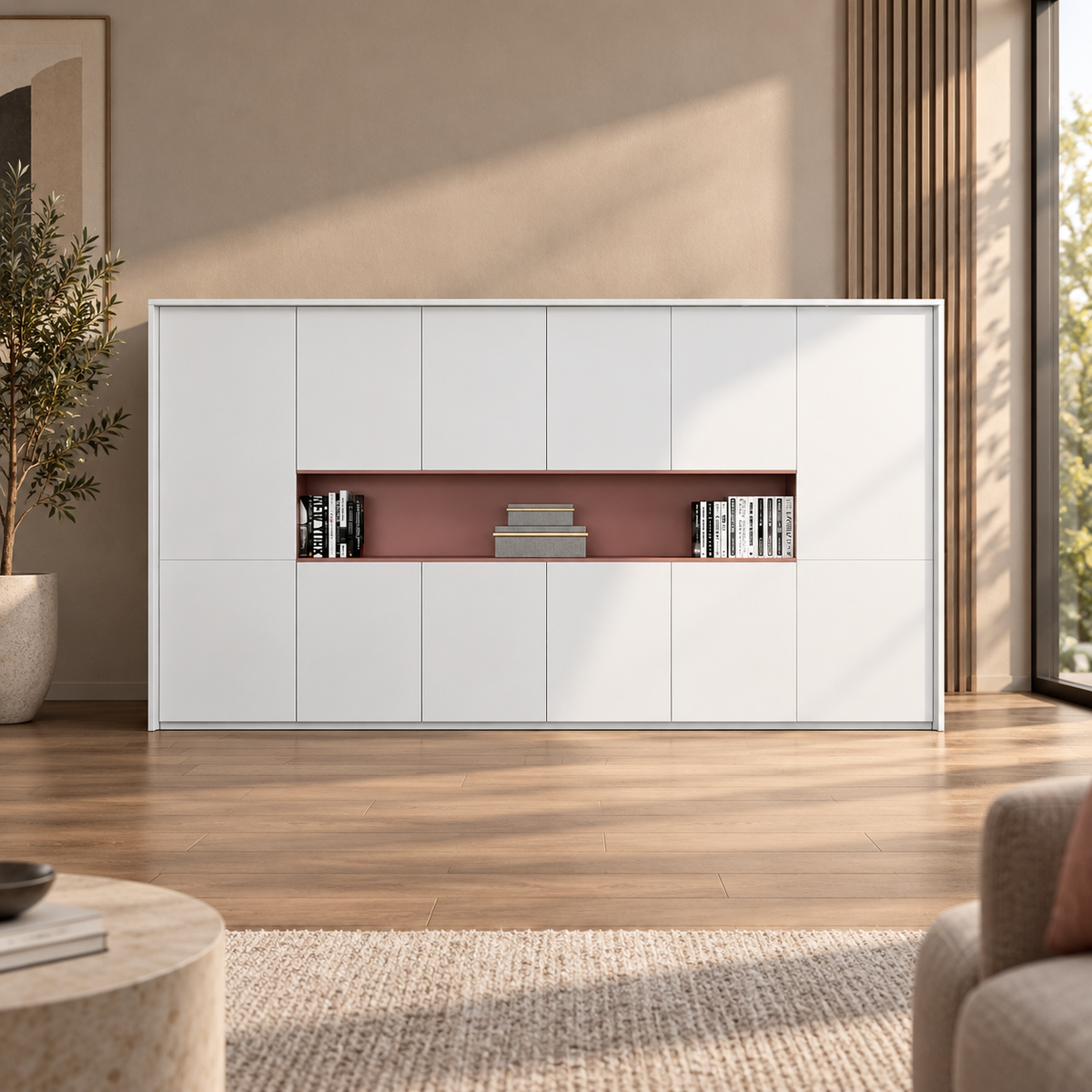 Modern Executive Office Storage Cabinet with Concealed Compartments, Handle-Free Shutters, and Recessed Display Niche for Workspaces