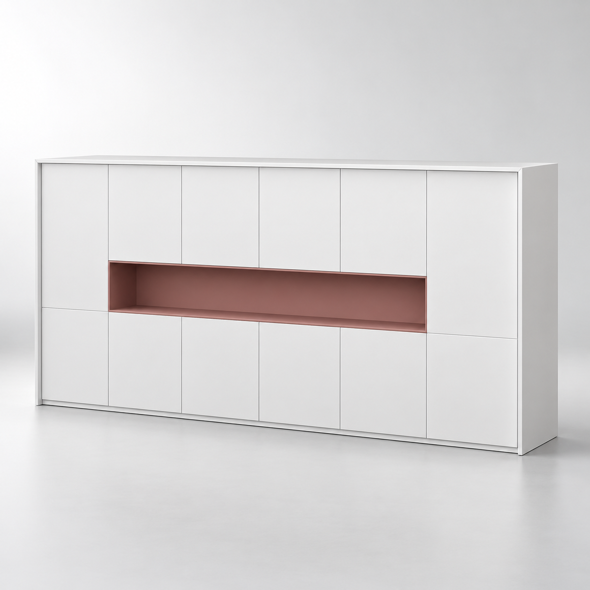 Modern Executive Office Storage Cabinet with Concealed Compartments, Handle-Free Shutters, and Recessed Display Niche for Workspaces