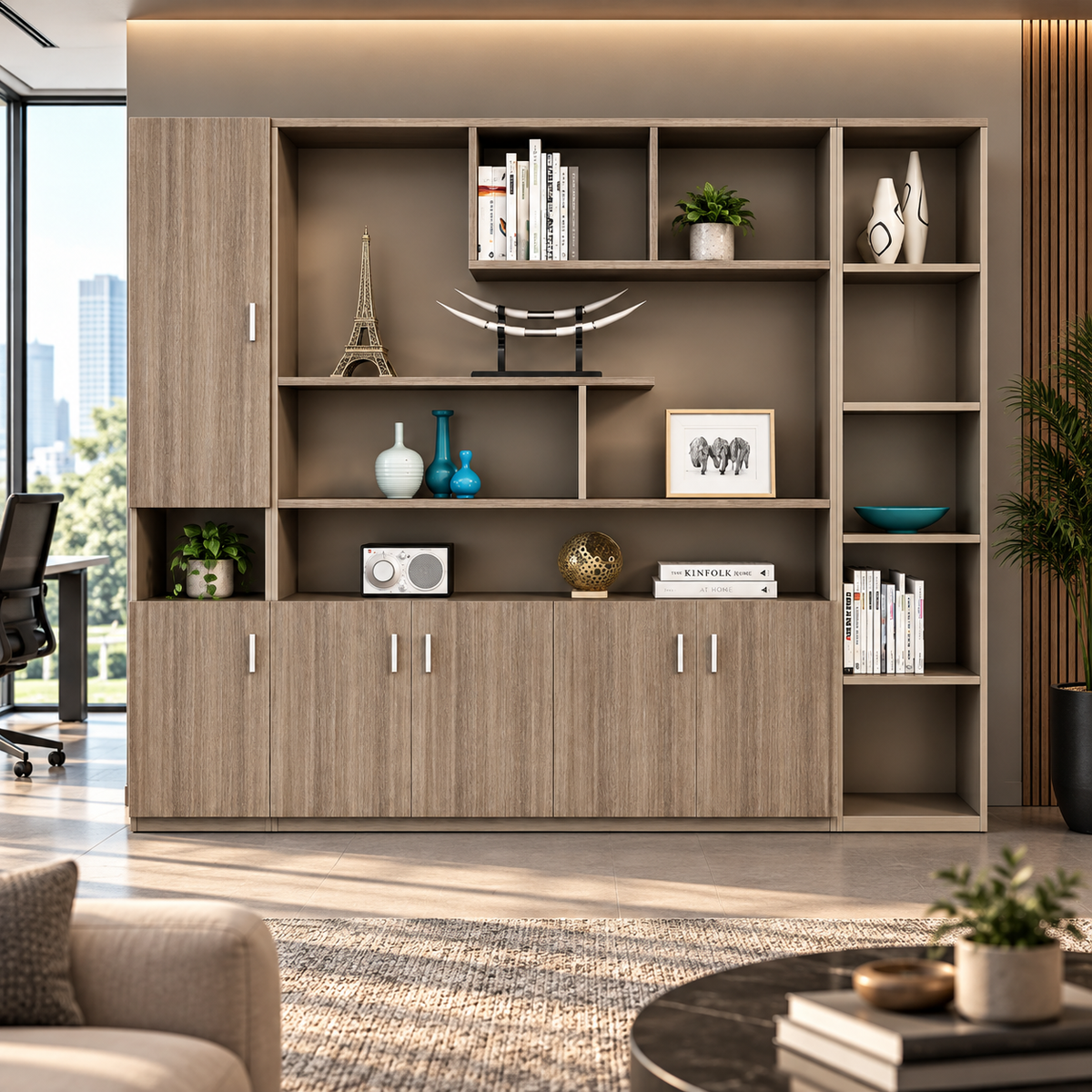 Modern Office Back Storage Unit with Wood Grain Finish, Open Display Shelves, Closed Cabinets and Multi-Level Storage for Office Cabins