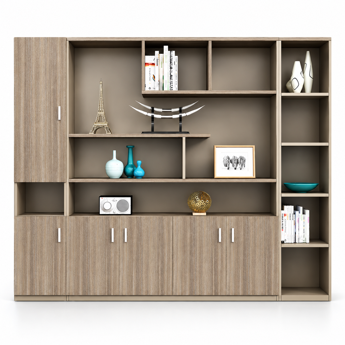 Modern Office Back Storage Unit with Wood Grain Finish, Open Display Shelves, Closed Cabinets and Multi-Level Storage for Office Cabins