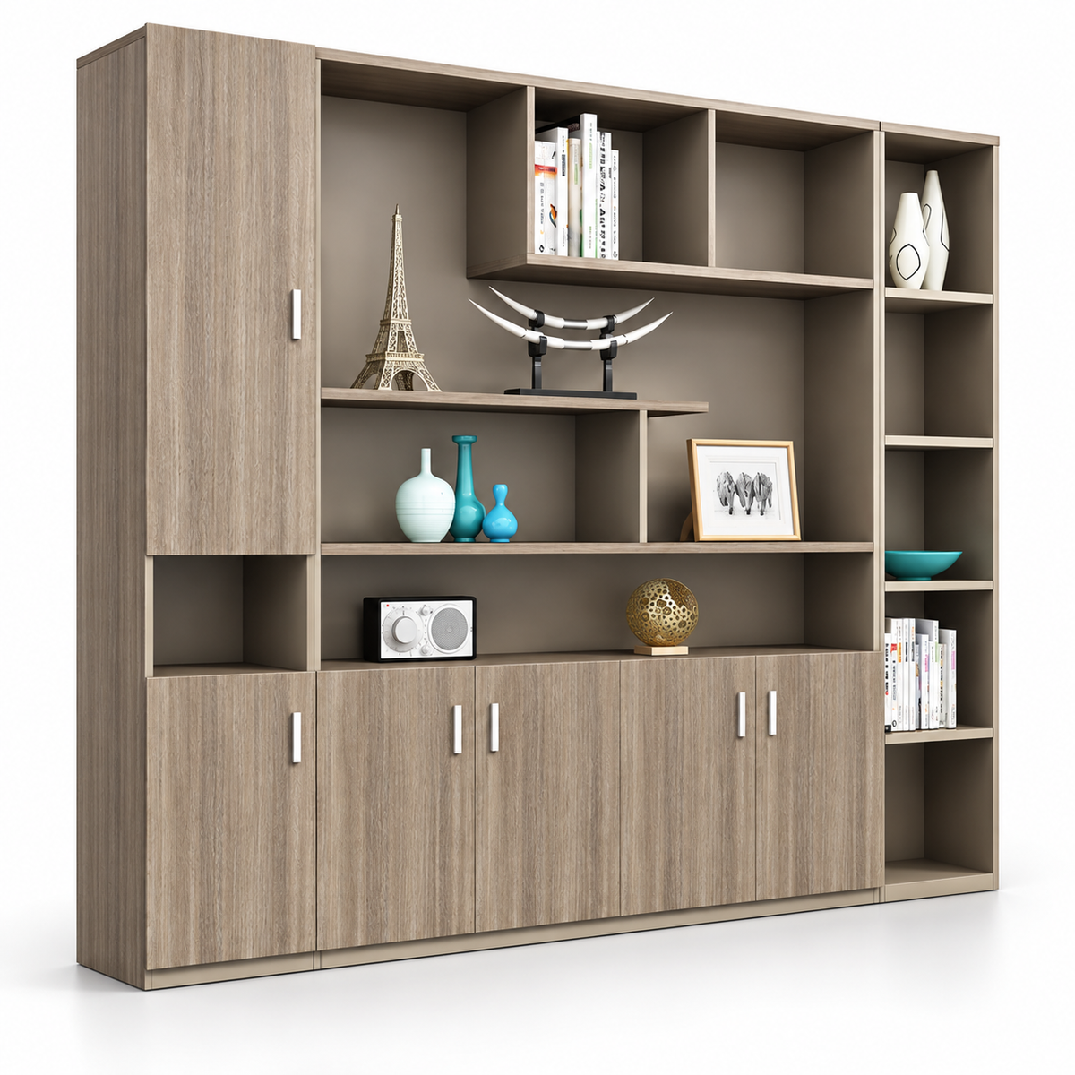 Modern Office Back Storage Unit with Wood Grain Finish, Open Display Shelves, Closed Cabinets and Multi-Level Storage for Office Cabins