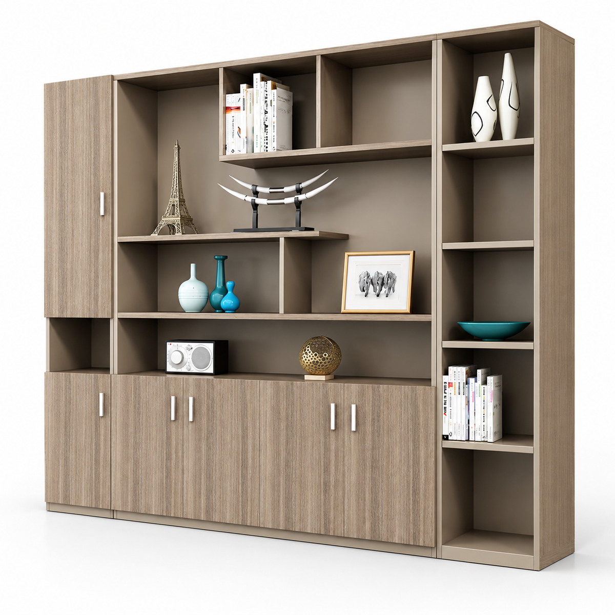 Modern Office Back Storage Unit with Wood Grain Finish, Open Display Shelves, Closed Cabinets and Multi-Level Storage for Office Cabins