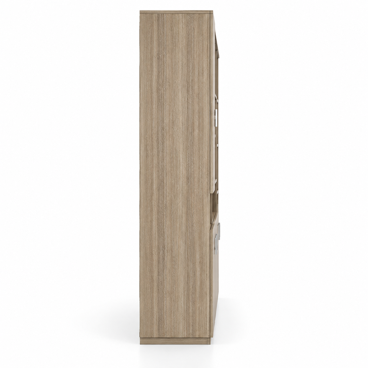 Modern Office Back Storage Unit with Wood Grain Finish, Open Display Shelves, Closed Cabinets and Multi-Level Storage for Office Cabins