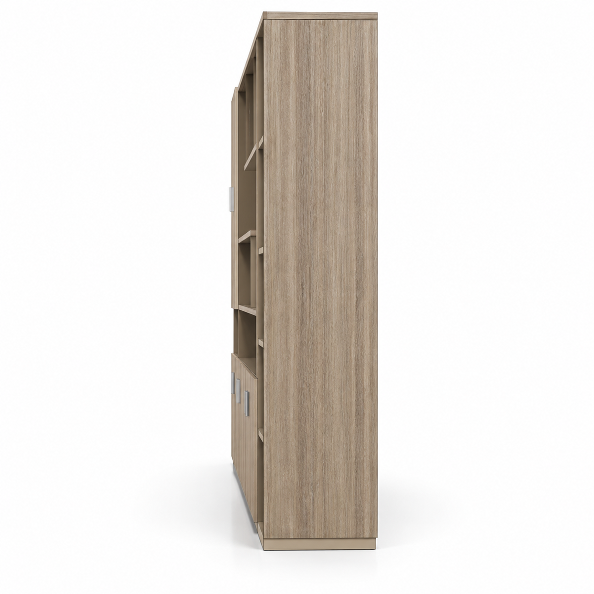 Modern Office Back Storage Unit with Wood Grain Finish, Open Display Shelves, Closed Cabinets and Multi-Level Storage for Office Cabins