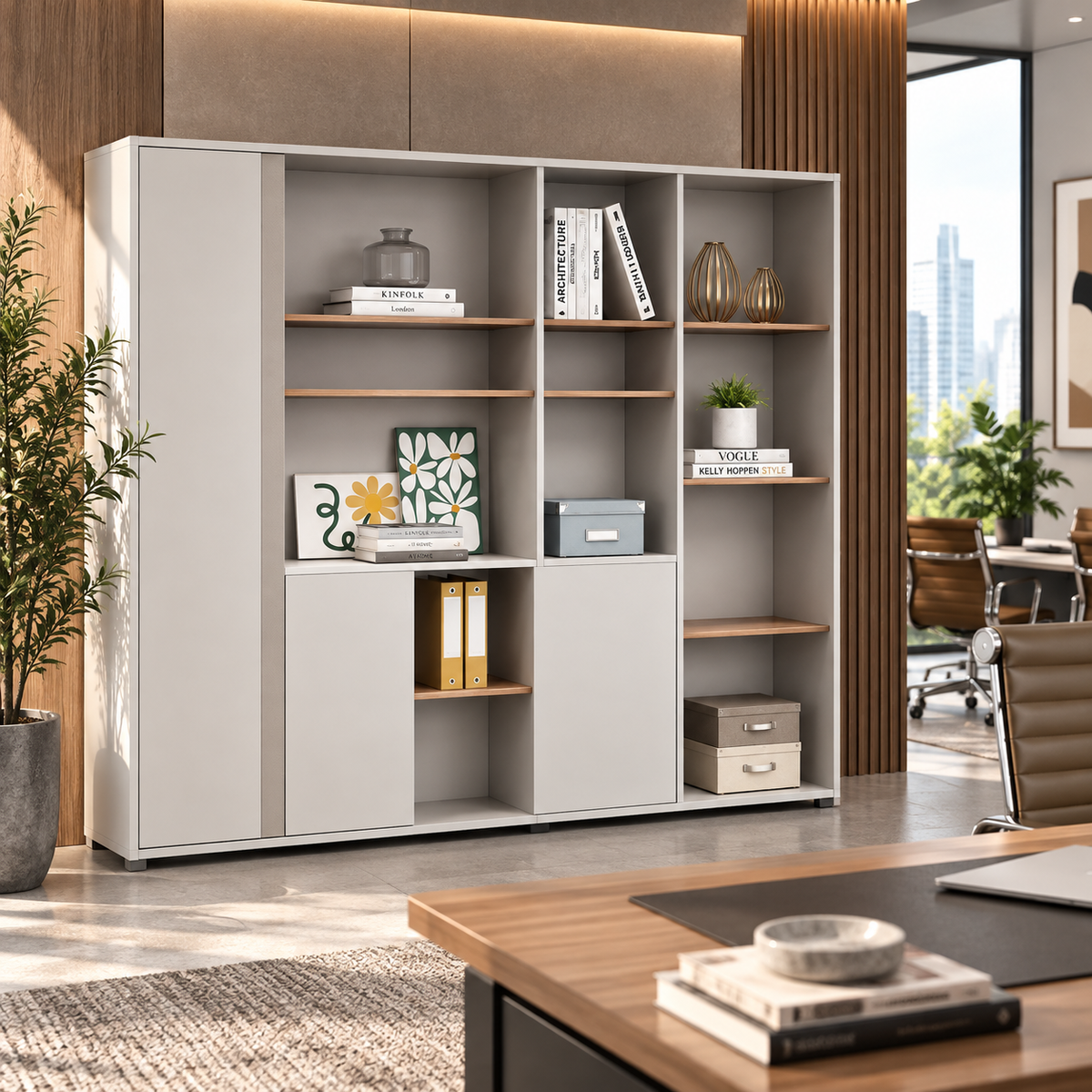 Modern Office Back Storage Unit with Open Display Shelves, White Cabinets, Wood Accent Shelves and Multi-Level Storage for Office Cabins