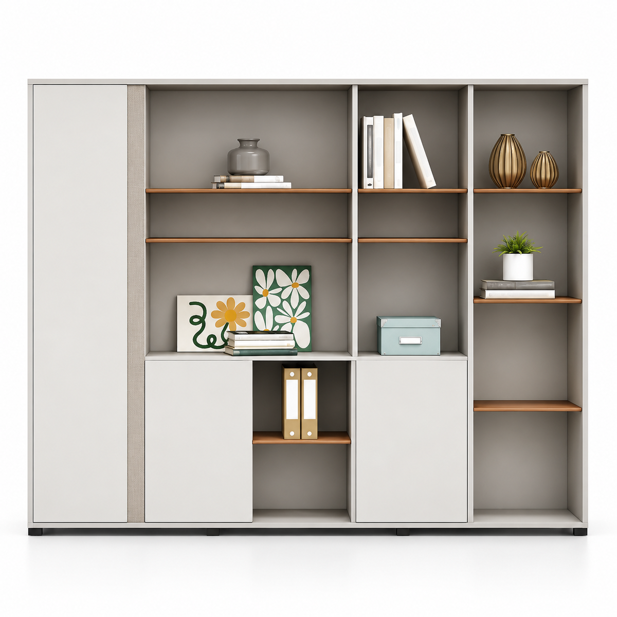 Modern Office Back Storage Unit with Open Display Shelves, White Cabinets, Wood Accent Shelves and Multi-Level Storage for Office Cabins
