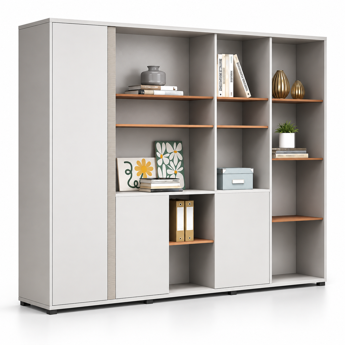Modern Office Back Storage Unit with Open Display Shelves, White Cabinets, Wood Accent Shelves and Multi-Level Storage for Office Cabins