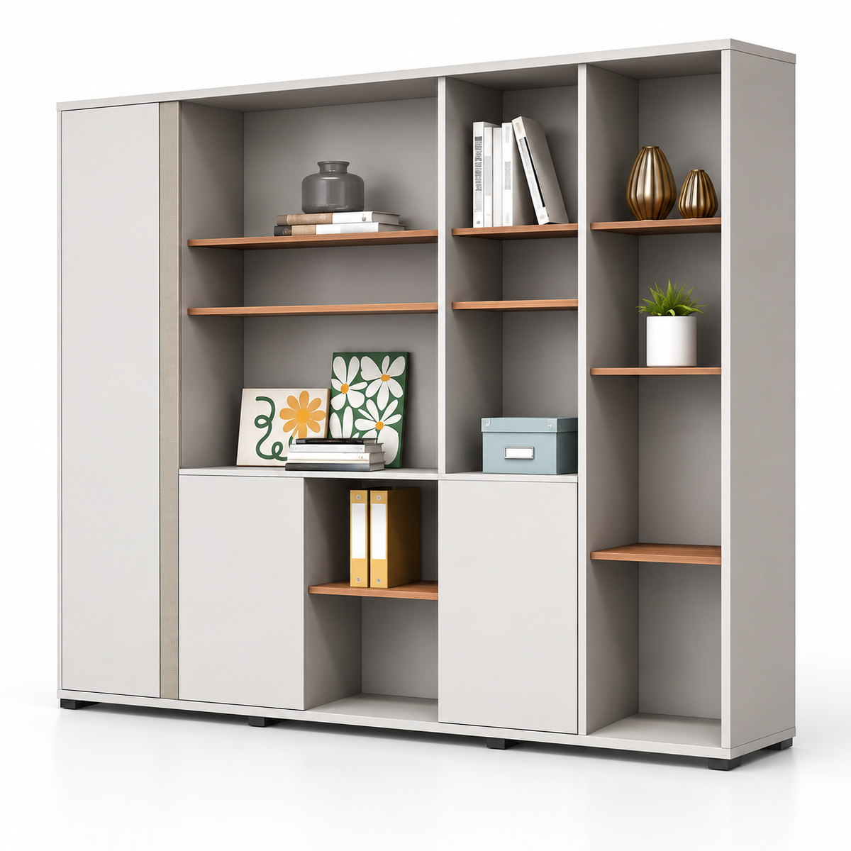 Modern Office Back Storage Unit with Open Display Shelves, White Cabinets, Wood Accent Shelves and Multi-Level Storage for Office Cabins