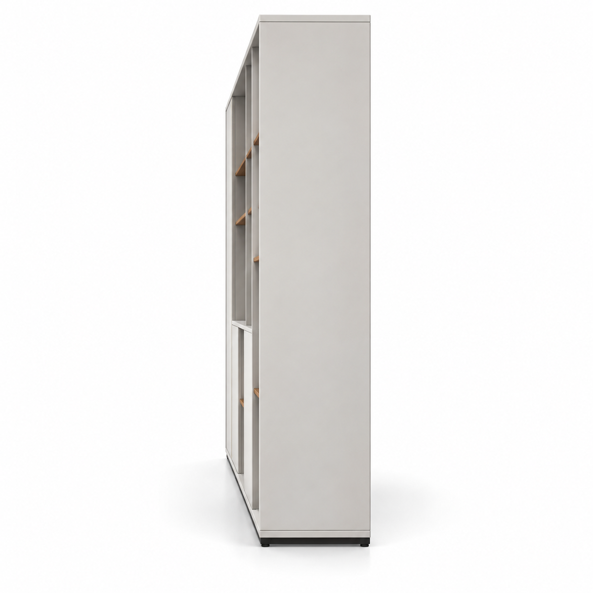 Modern Office Back Storage Unit with Open Display Shelves, White Cabinets, Wood Accent Shelves and Multi-Level Storage for Office Cabins