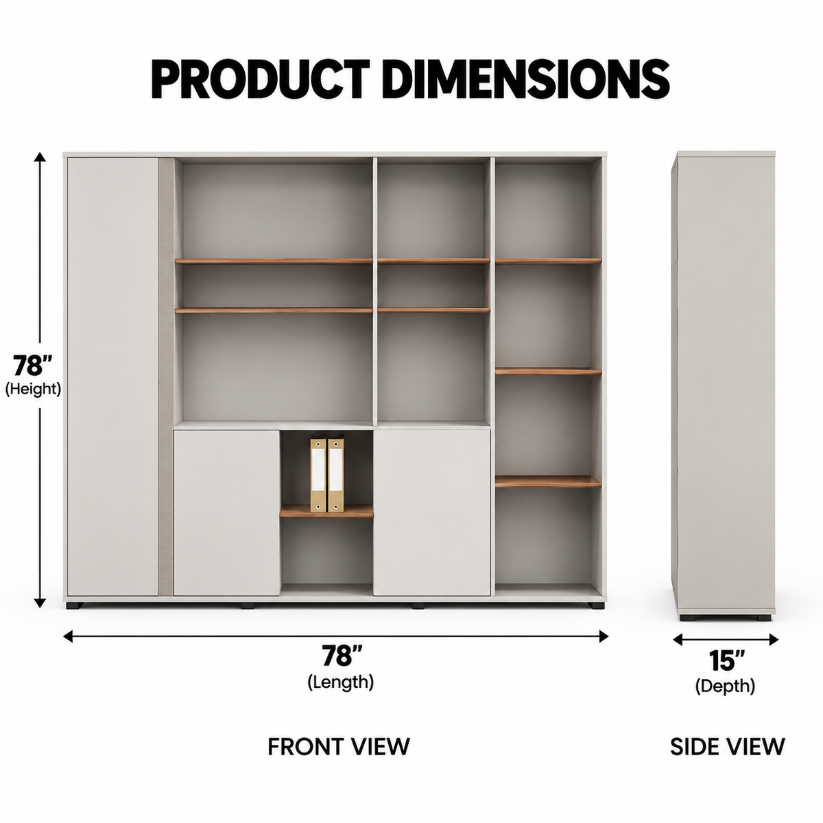 Modern Office Back Storage Unit with Open Display Shelves, White Cabinets, Wood Accent Shelves and Multi-Level Storage for Office Cabins