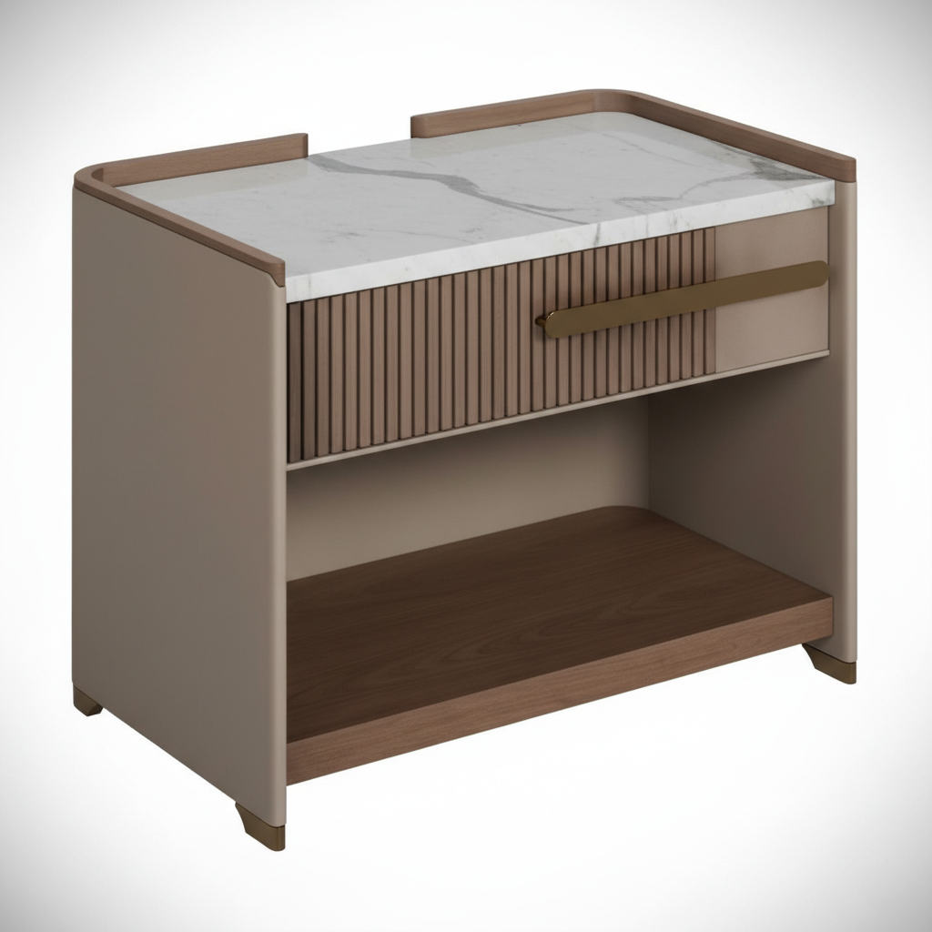 Modern Bedside Table with White Marble Top & Fluted Drawer – Contemporary Bedroom Furniture
