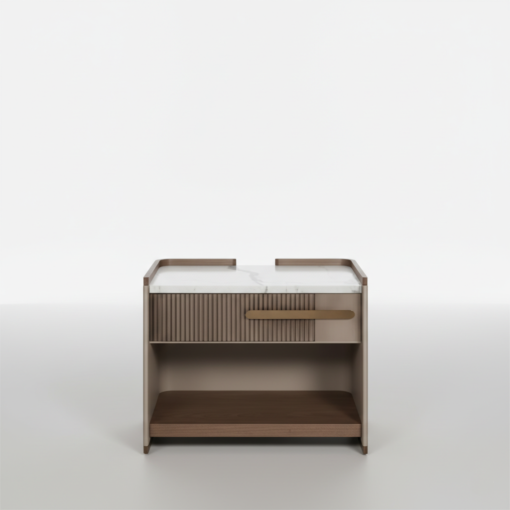 Modern Bedside Table with White Marble Top & Fluted Drawer – Contemporary Bedroom Furniture