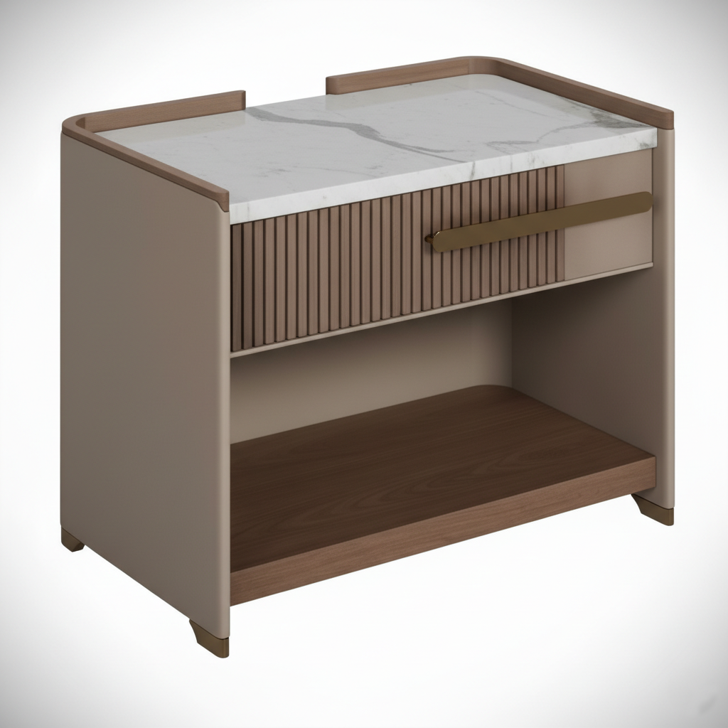 Modern Bedside Table with White Marble Top & Fluted Drawer – Contemporary Bedroom Furniture