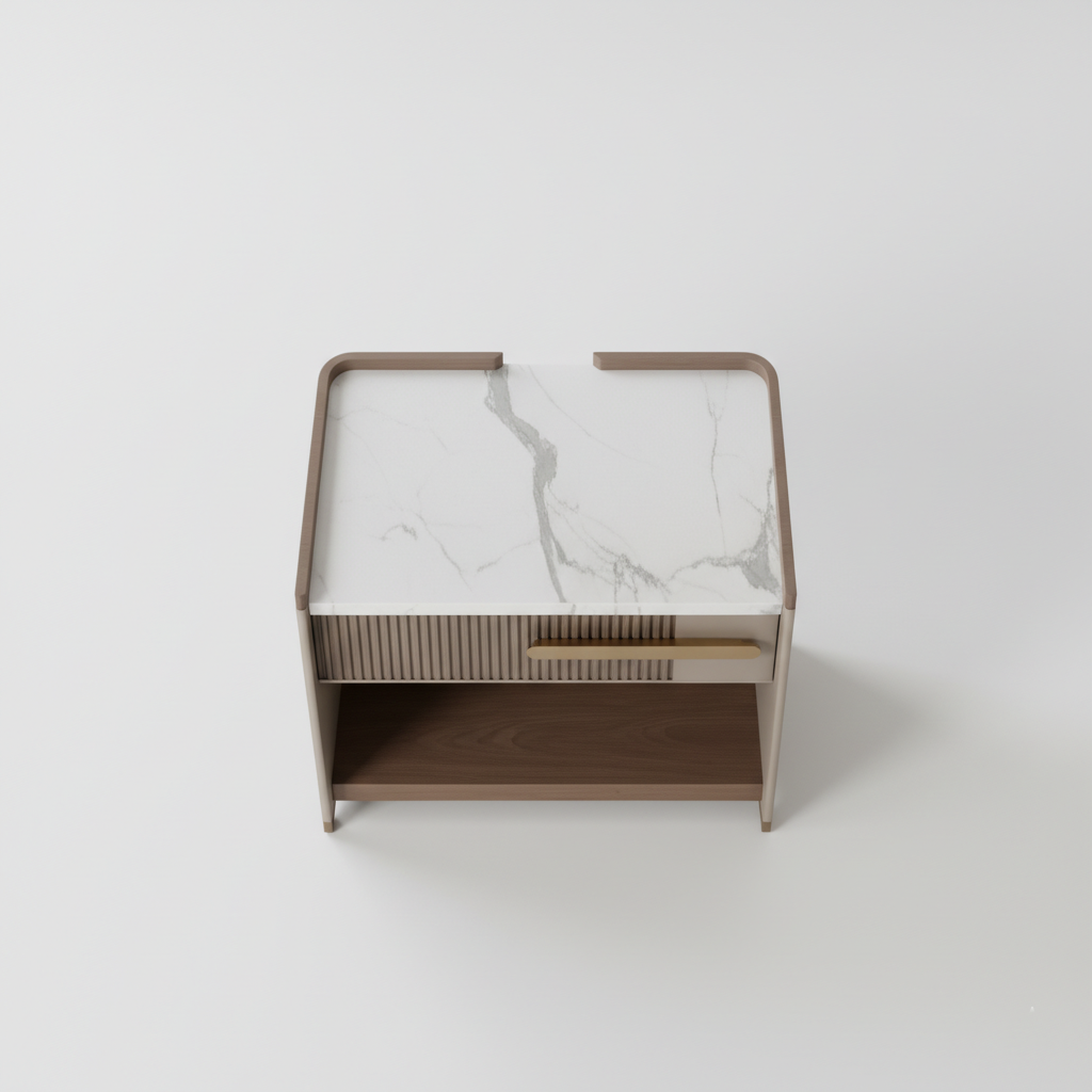 Modern Bedside Table with White Marble Top & Fluted Drawer – Contemporary Bedroom Furniture