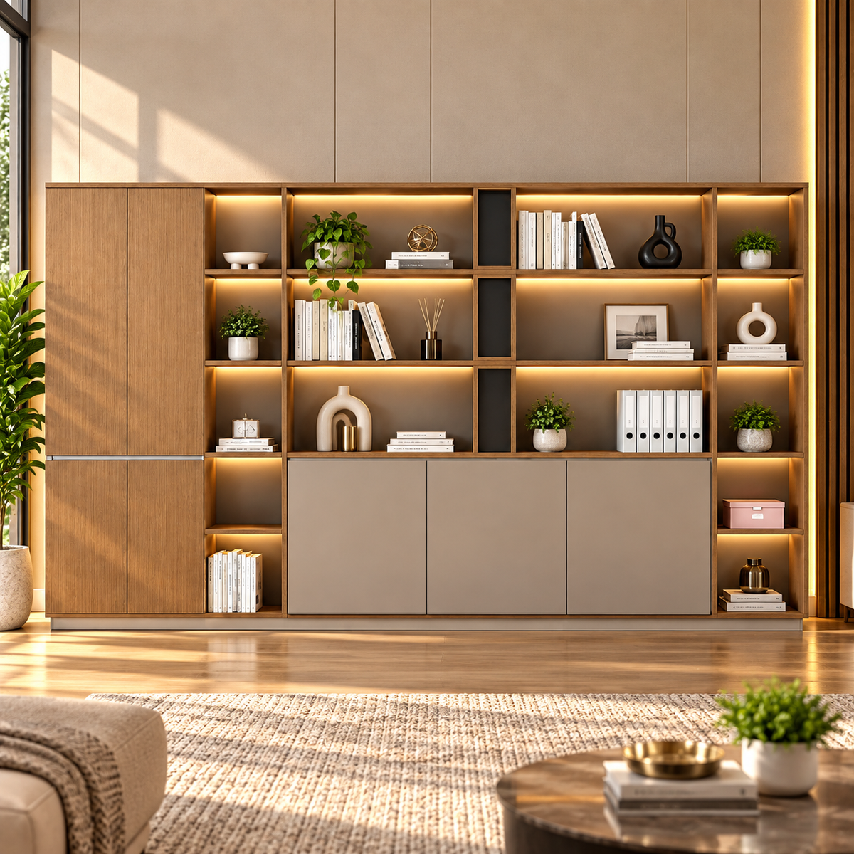 Contemporary Office Storage Cabinet with Open Display Shelves, Concealed Compartments and Elegant Multi-Level Design
