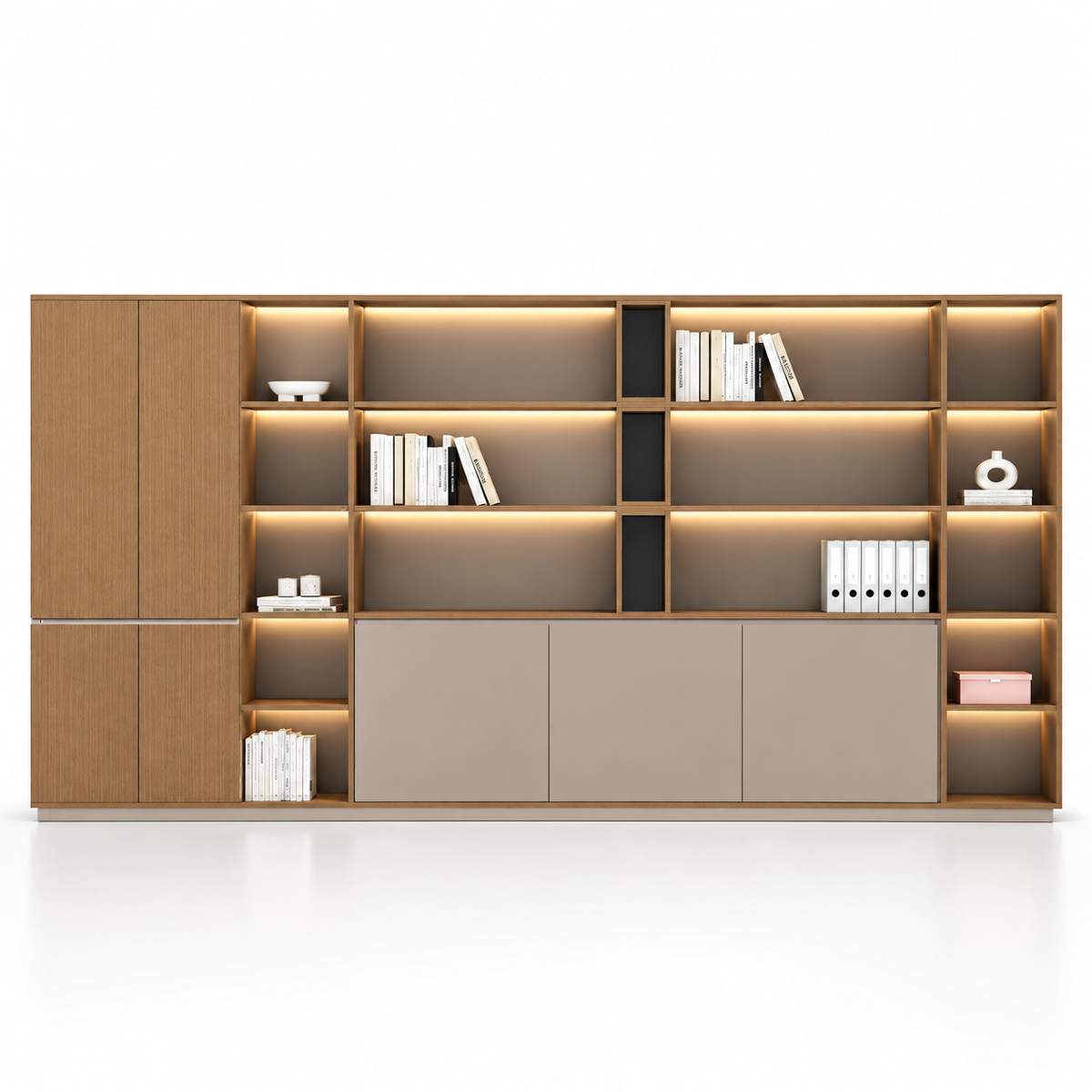 Contemporary Office Storage Cabinet with Open Display Shelves, Concealed Compartments and Elegant Multi-Level Design