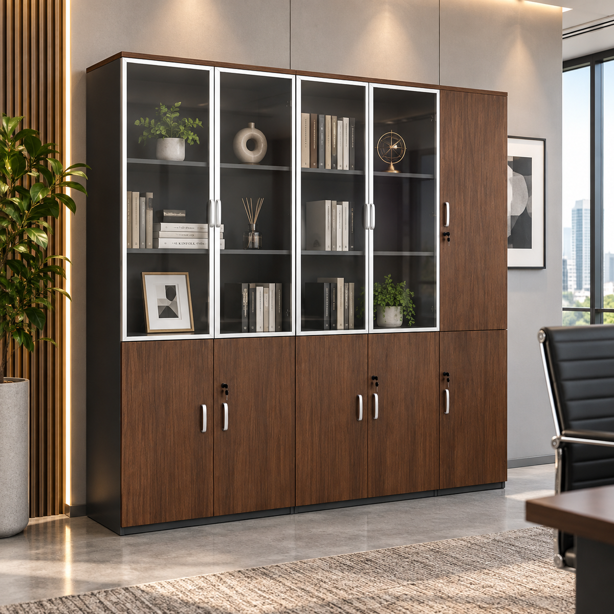 Modern Office Storage Cabinet with Glass Display Doors, Wood Grain Finish, Lockable Cabinets and Multi-Level Storage for Office Cabins