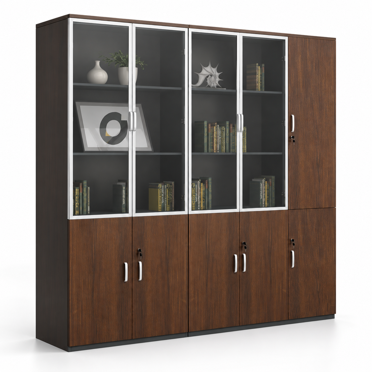 Modern Office Storage Cabinet with Glass Display Doors, Wood Grain Finish, Lockable Cabinets and Multi-Level Storage for Office Cabins