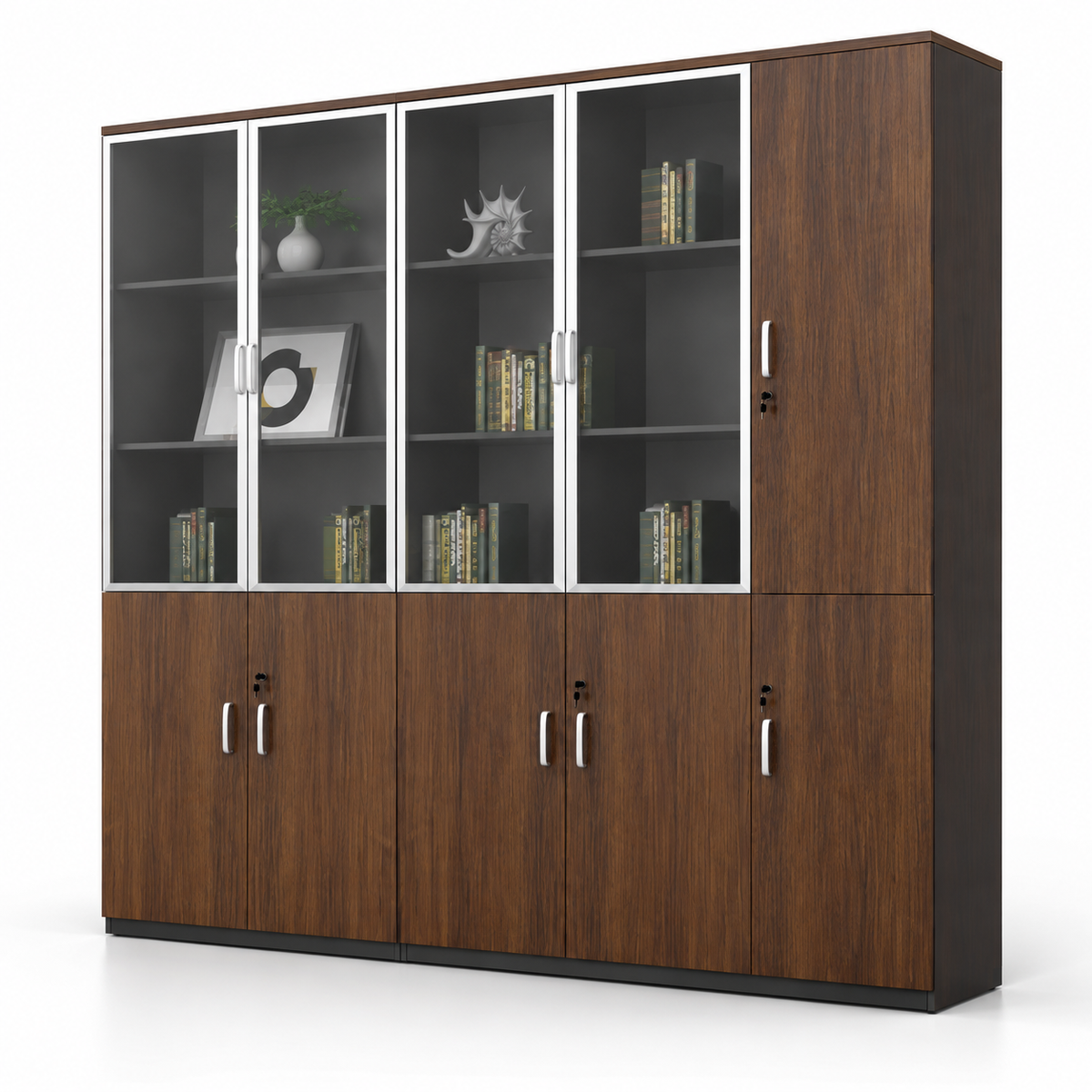 Modern Office Storage Cabinet with Glass Display Doors, Wood Grain Finish, Lockable Cabinets and Multi-Level Storage for Office Cabins