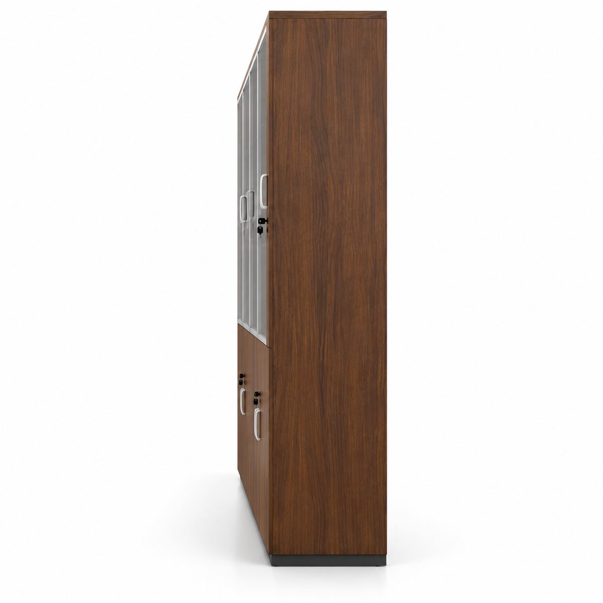 Modern Office Storage Cabinet with Glass Display Doors, Wood Grain Finish, Lockable Cabinets and Multi-Level Storage for Office Cabins