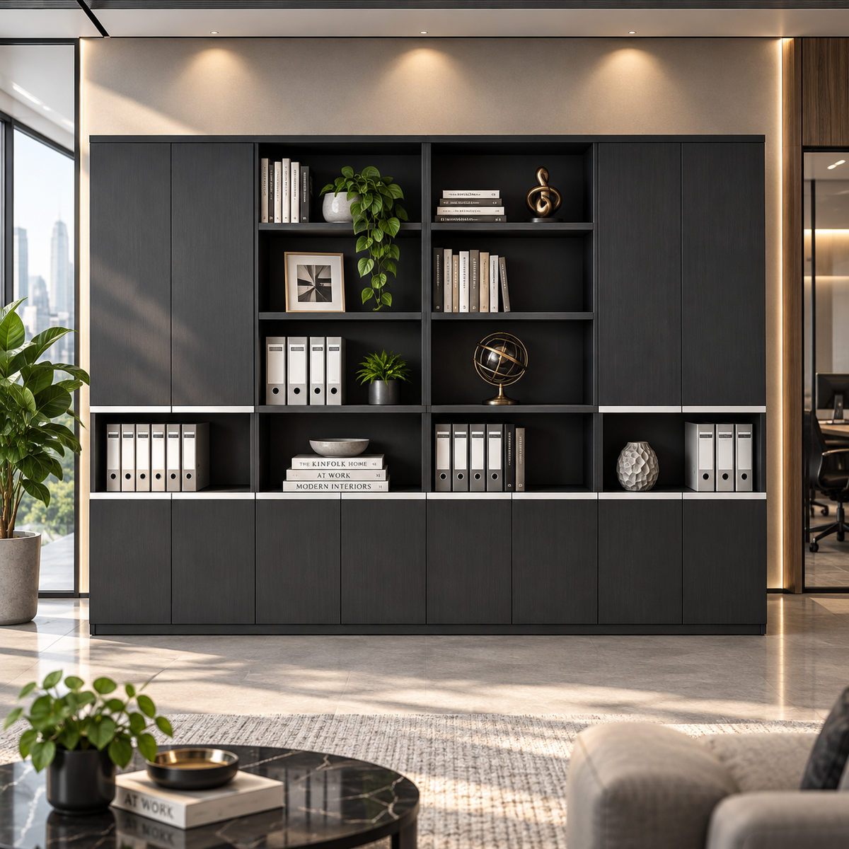 Modern Office Back Storage Cabinet with Matte Black Finish, Open Display Shelves, Closed Storage Units and Wide File Storage for Office Cabins