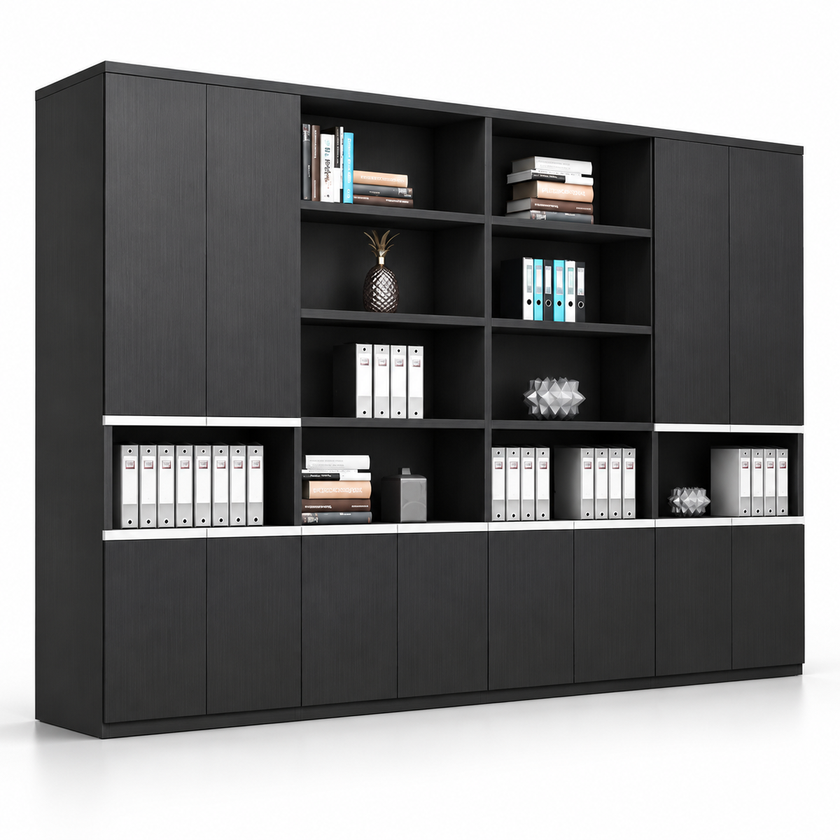 Modern Office Back Storage Cabinet with Matte Black Finish, Open Display Shelves, Closed Storage Units and Wide File Storage for Office Cabins