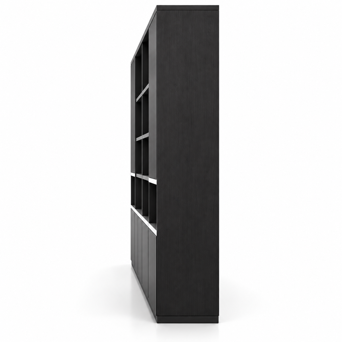 Modern Office Back Storage Cabinet with Matte Black Finish, Open Display Shelves, Closed Storage Units and Wide File Storage for Office Cabins