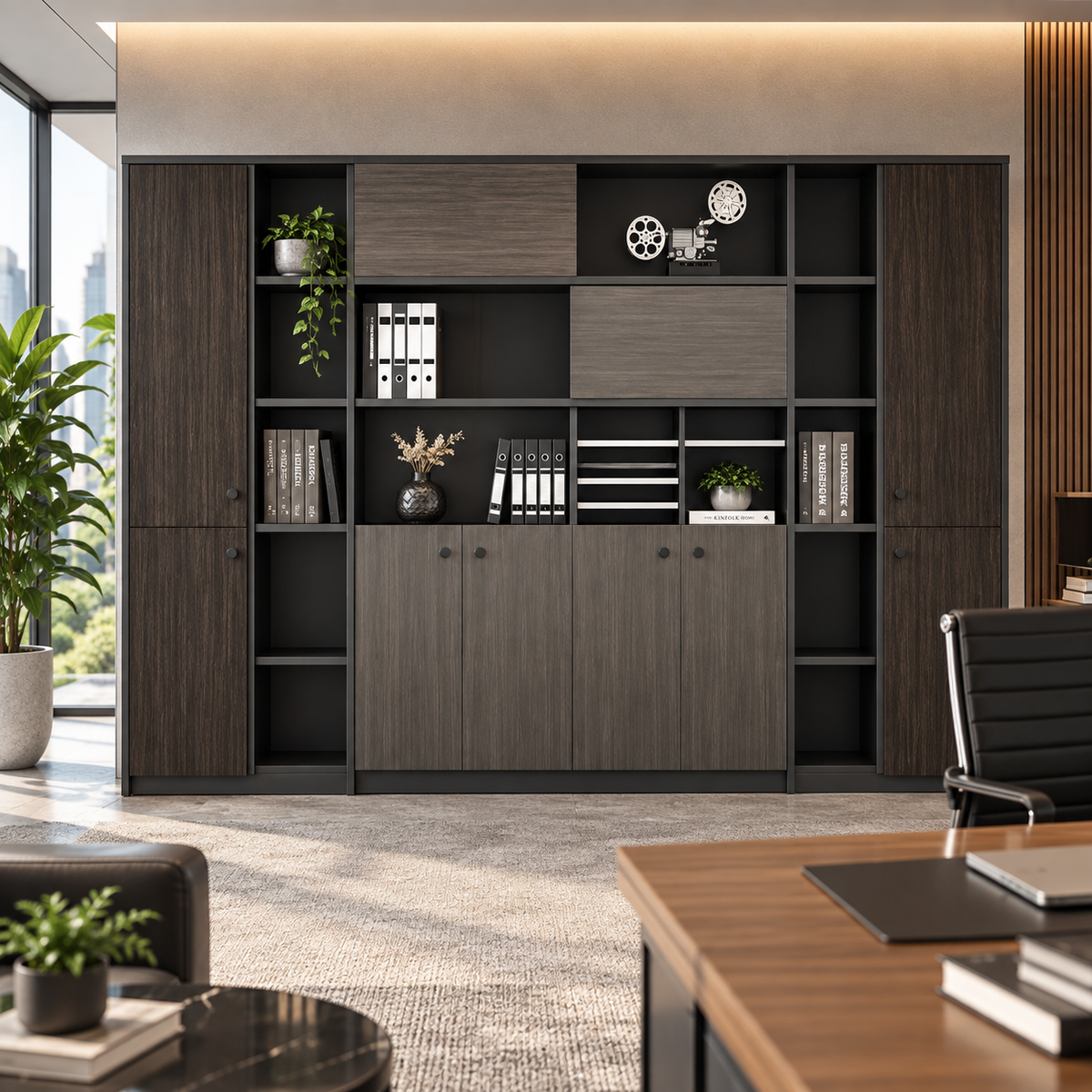 Modern Office Back Storage Unit with Open Display Shelves, Closed Cabinets and File Storage for Professional Workspaces