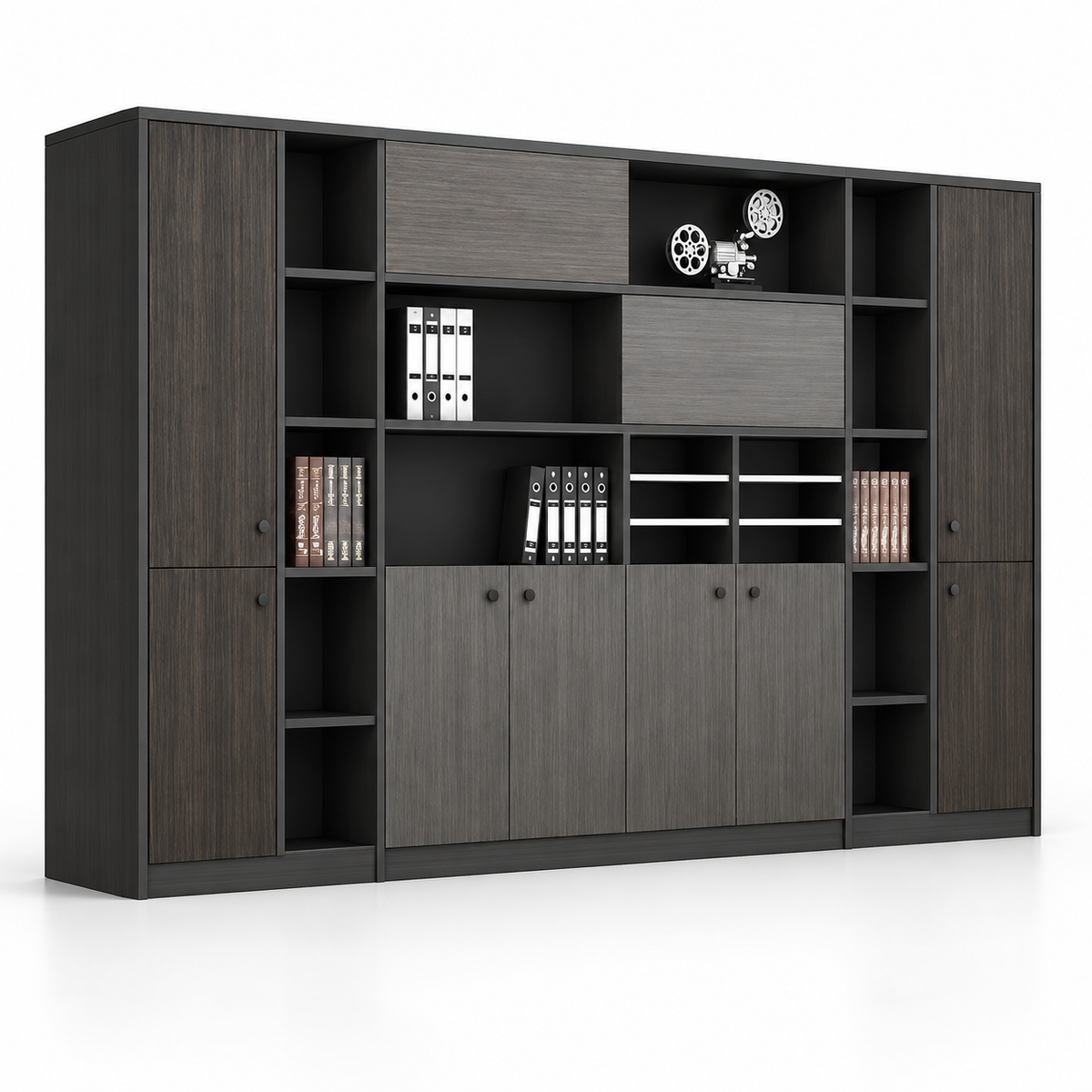 Modern Office Back Storage Unit with Open Display Shelves, Closed Cabinets and File Storage for Professional Workspaces