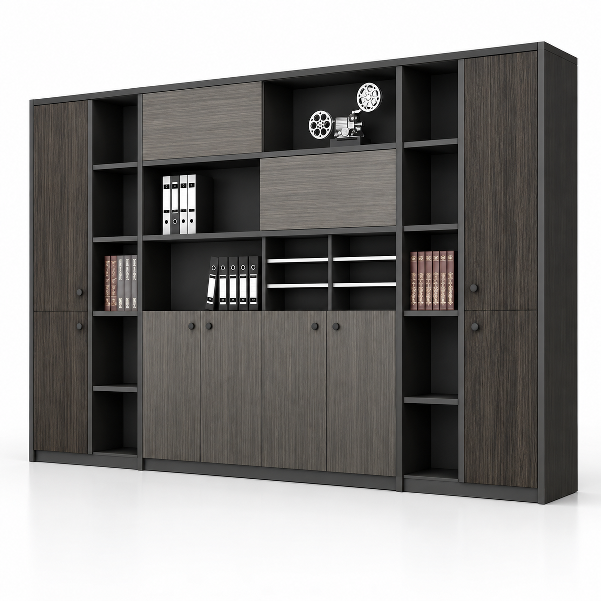 Modern Office Back Storage Unit with Open Display Shelves, Closed Cabinets and File Storage for Professional Workspaces