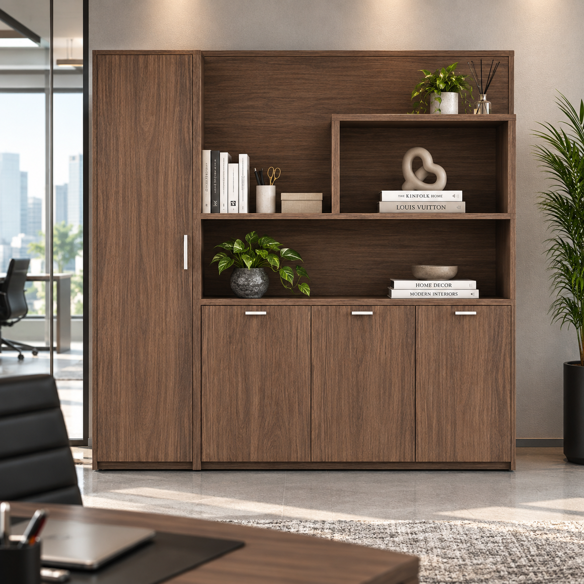 Modern Office Back Storage Unit with Open Display Shelves, Tall Side Cabinet and Closed Storage for Director Cabins and Workspaces