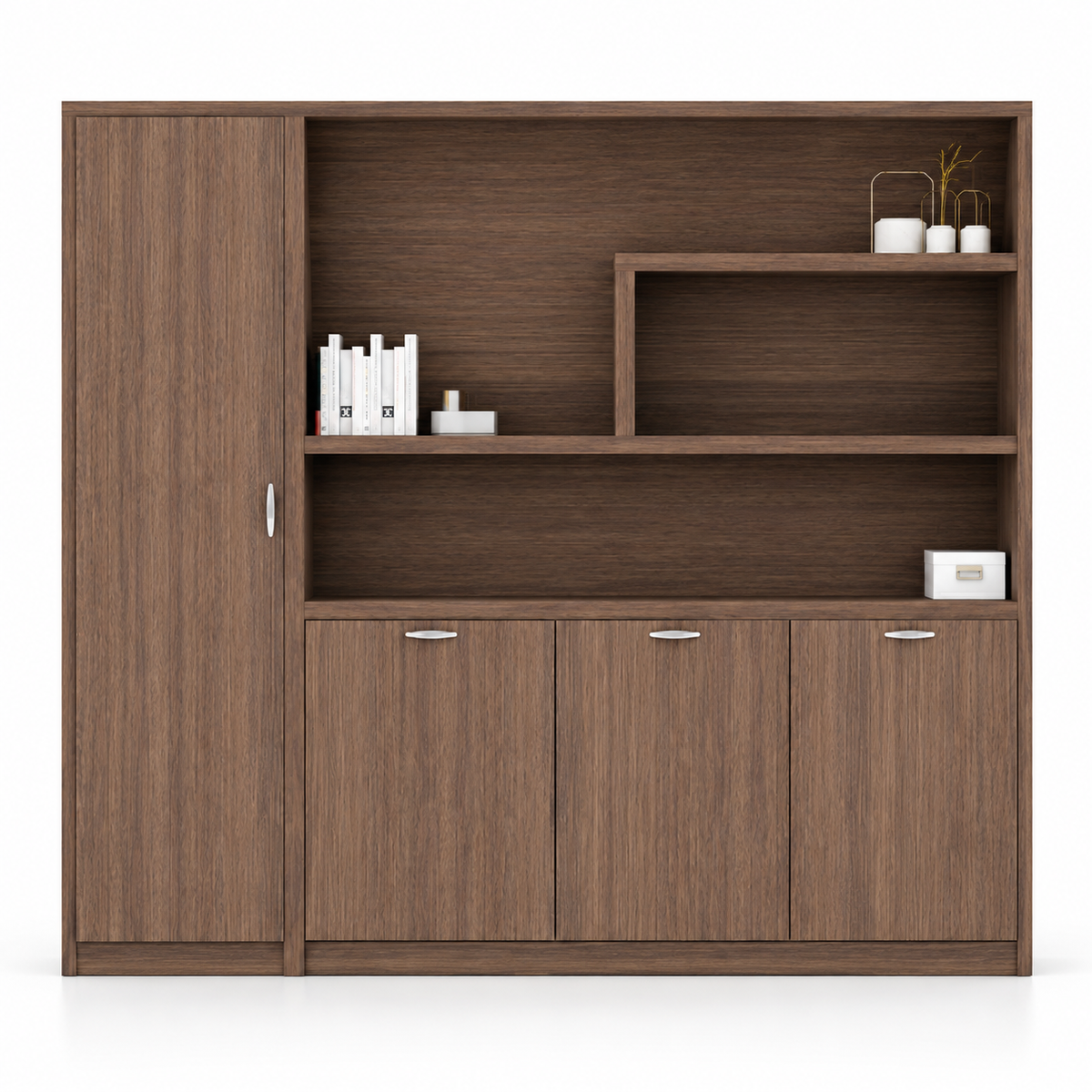 Modern Office Back Storage Unit with Open Display Shelves, Tall Side Cabinet and Closed Storage for Director Cabins and Workspaces