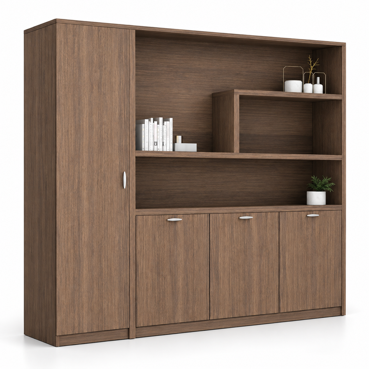 Modern Office Back Storage Unit with Open Display Shelves, Tall Side Cabinet and Closed Storage for Director Cabins and Workspaces