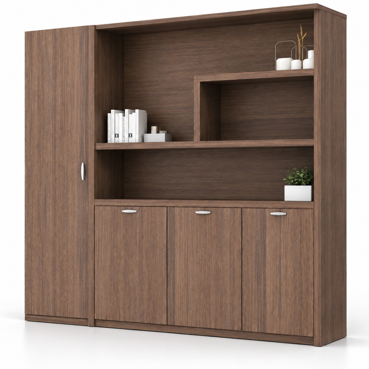 Modern Office Back Storage Unit with Open Display Shelves, Tall Side Cabinet and Closed Storage for Director Cabins and Workspaces