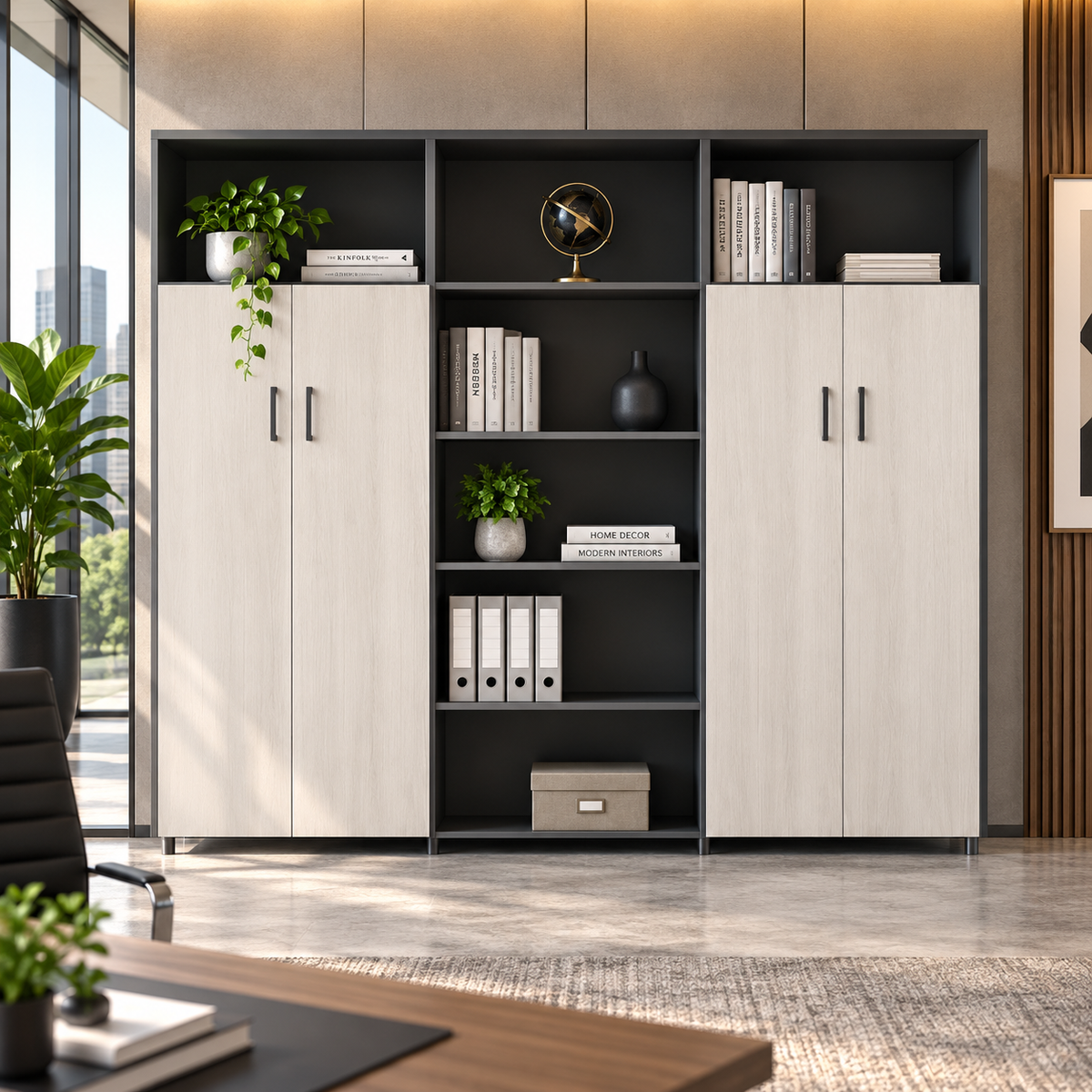 Modern Office Sideboard Cabinet with Open Display Shelves, Four-Door Storage, Wood Grain Finish and Space-Saving Design for Workspaces