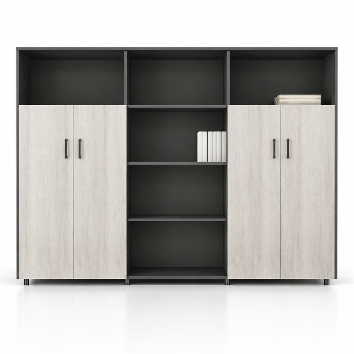 Modern Office Sideboard Cabinet with Open Display Shelves, Four-Door Storage, Wood Grain Finish and Space-Saving Design for Workspaces