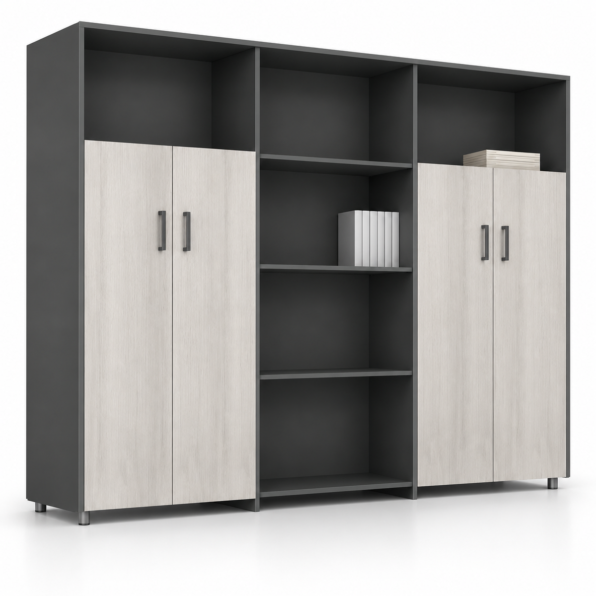 Modern Office Sideboard Cabinet with Open Display Shelves, Four-Door Storage, Wood Grain Finish and Space-Saving Design for Workspaces