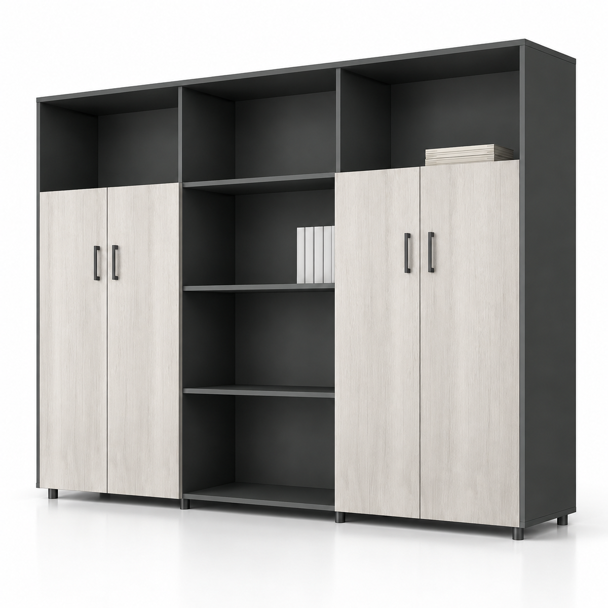 Modern Office Sideboard Cabinet with Open Display Shelves, Four-Door Storage, Wood Grain Finish and Space-Saving Design for Workspaces