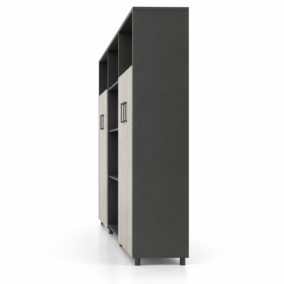 Modern Office Sideboard Cabinet with Open Display Shelves, Four-Door Storage, Wood Grain Finish and Space-Saving Design for Workspaces