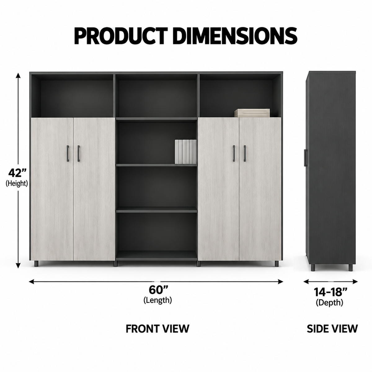 Modern Office Sideboard Cabinet with Open Display Shelves, Four-Door Storage, Wood Grain Finish and Space-Saving Design for Workspaces