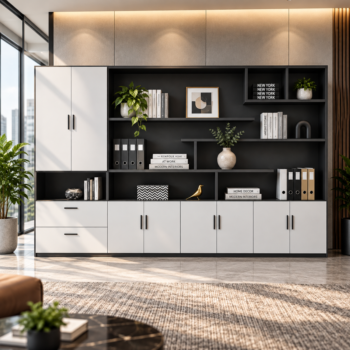 Modern Office Back Storage Unit with Open Display Shelves, Closed Cabinets, File Drawers and Space-Saving Design for Workspaces