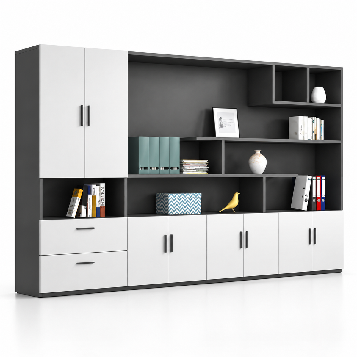 Modern Office Back Storage Unit with Open Display Shelves, Closed Cabinets, File Drawers and Space-Saving Design for Workspaces